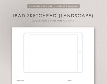 Może przedstawiać: Biały szablon szkicownika iPad w orientacji poziomej. Projekt zawiera kontur tabletu cyfrowego z miejscem na projektowanie UX/UI i elementy wireframe. U góry tekst brzmi "PRINTABLE PDF & PNG • INSTANT DOWNLOAD". Dół strony jest oznaczony jako "US LETTER".