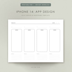iPhone 14: Bloc de notas de diseño de aplicaciones - UX/UI - Hoja de trabajo de estructura alámbrica en PDF imprimible