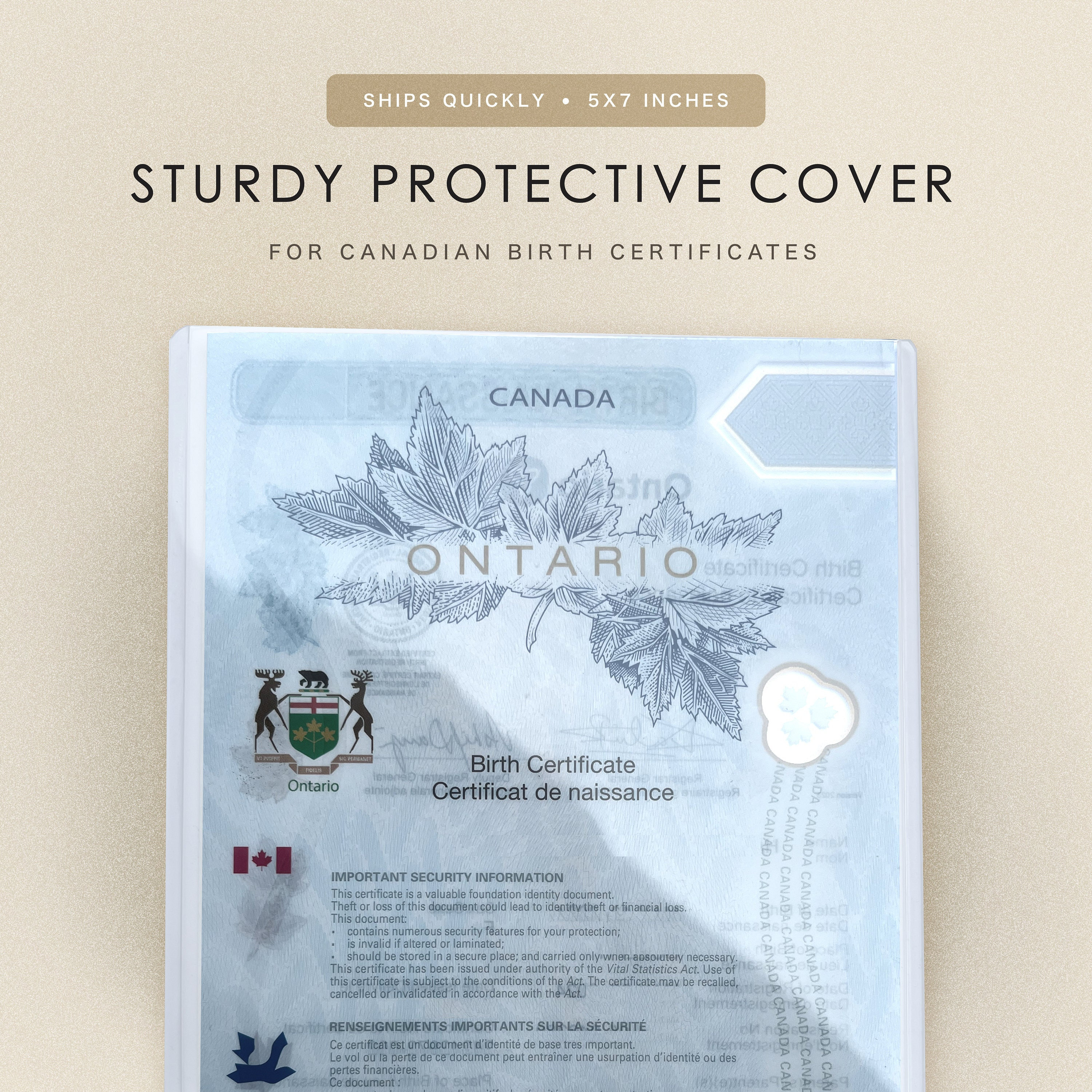 Clear Protective Cover For Birth Certificates - 5x7 Sturdy Plastic Sleeve - Ontario, Quebec, Manitoba, Saskatchewan, Alberta, BC etc.