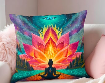 Celestial Third Eye Lotus Meditation Pillow – Zen Spiritual Accent Cushion – Yoga & Boho Decor