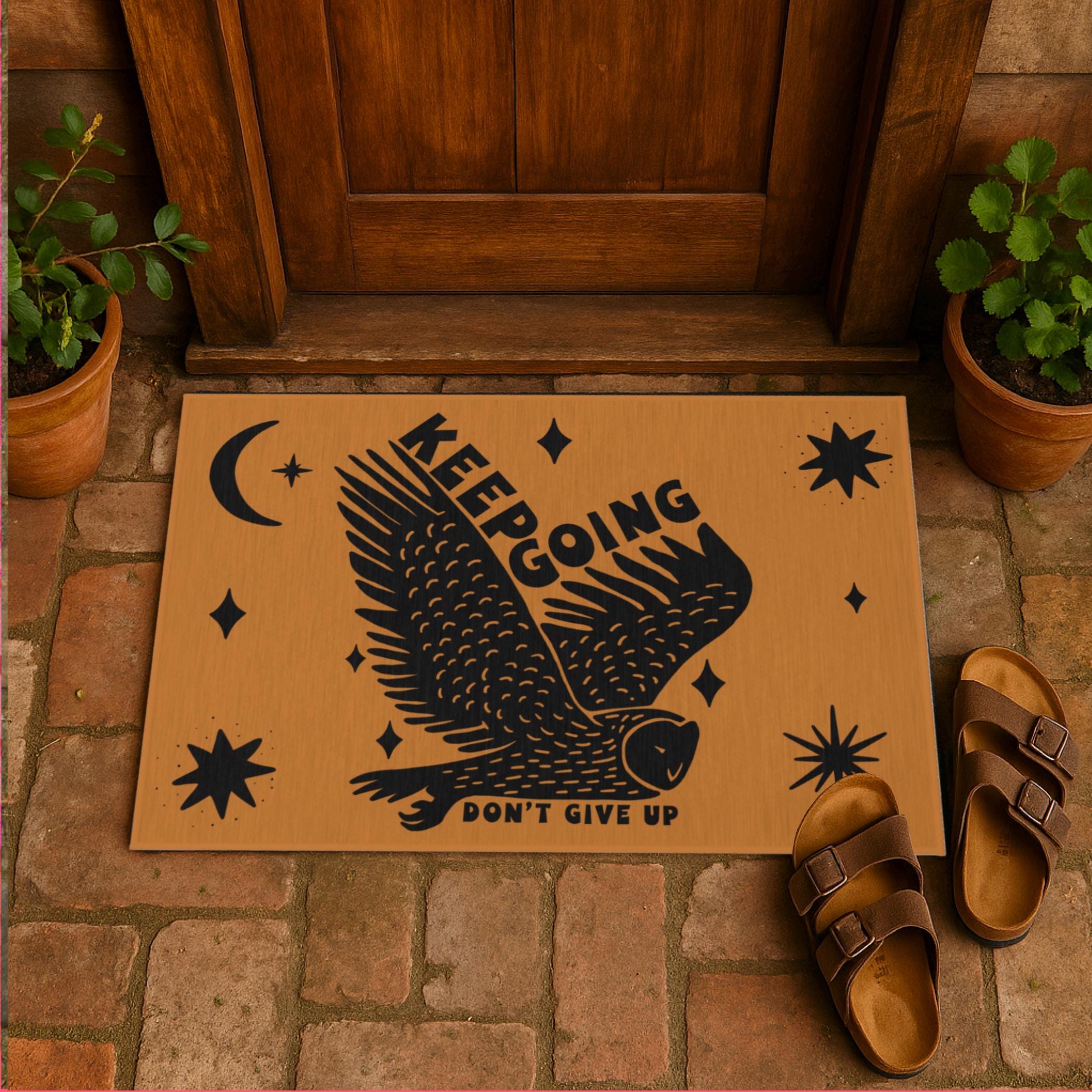 Boho Owl Chenille Outdoor Mat: Keep Going, Don't Give Up, Patio Rug, Inspirational Gift, Celesti