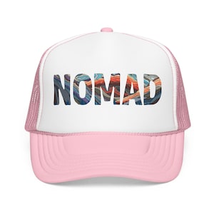 Nomad Trucker Hat: Van Life Hat, Bus Life, Skoolie Cap, Travel Adventure Hat Light Pink/White