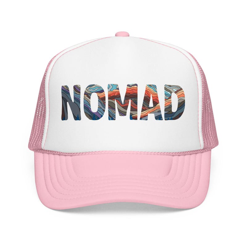 Nomad Trucker Hat: Van Life Hat, Bus Life, Skoolie Cap, Travel Adventure Hat Light Pink/White