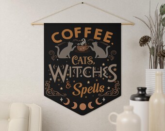 Witchy Cafe Wall Banner: Coffee Cats Witches Spells Pennant, Halloween Wall Hanging