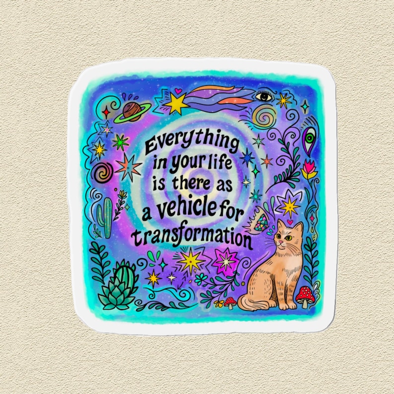 Cosmic cat sticker with celestial art and inspirational quote for self-growth