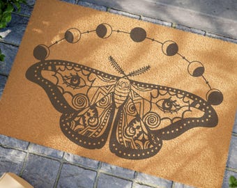 Capacho com fases da lua e bruxa, tapete de boas-vindas estilo boho, tapete de entrada para ambientes internos/externos, para decoração lunar e mística