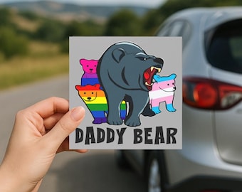 Daddy Bear Car Magnet: LGBTQ Ally Bumper Magnet, Pride Rainbow & Trans Cub Family