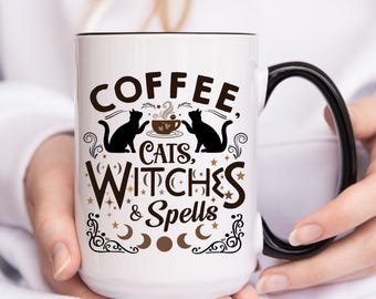Mug sorcière : café chats, sorcières et sortilèges, décoration wicca, cadeau sorcellerie pour un ami
