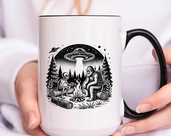 Cryptids Coffee Mug: Bigfoot and Alien Campfire Cup, Cryptozoology Gift for Wilderness & UFO Enthusiasts
