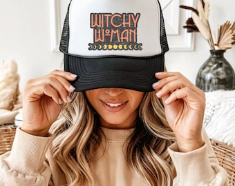 Witchy Woman Trucker Hat | Moon Phases Witchcraft Retro Baseball Cap | Mystical Pagan Hat