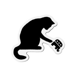 A die-cut magnet featuring a smug cat knocking over the GOP elephant with a confident paw, symbolizing political humor and progressive activism.