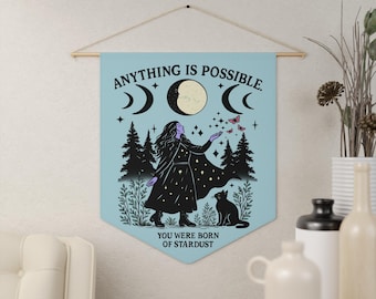 Inspirational Pennant: You Were Born of Stardust Pennant, Witch Moon Wall Hanging, Forest Magic Wall Art