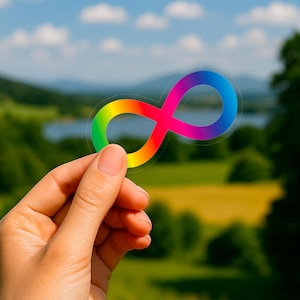 May include: A rainbow-colored infinity symbol sticker featuring a vibrant gradient of red, orange, yellow, green, blue, and purple hues. The design is shaped as a continuous loop, showcasing a smooth transition of colors throughout the entire form.