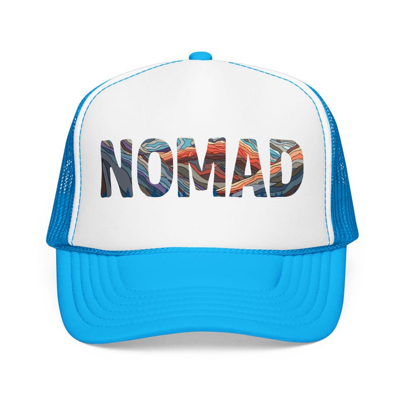 Nomad Trucker Hat: Van Life Hat, Bus Life, Skoolie Cap, Travel Adventure Hat Blue/White