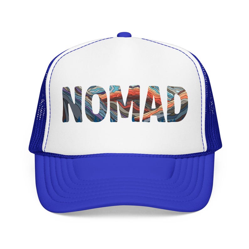 Nomad Trucker Hat: Van Life Hat, Bus Life, Skoolie Cap, Travel Adventure Hat Royal / White / Royal