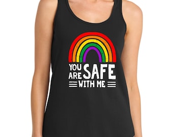 Camiseta sin mangas Safe With Me: Camiseta sin mangas para mujeres aliadas de la comunidad LGBTQ+, camiseta del Mes del Orgullo, mamá del Orgullo, apoyo a los niños queer.