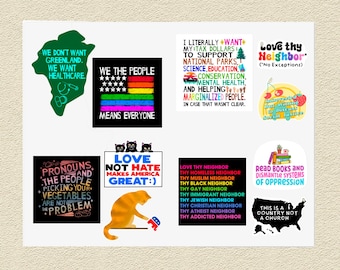 Hoja de pegatinas de activismo: justicia social, igualdad, derechos humanos, impuestos, derechos LGBTQ