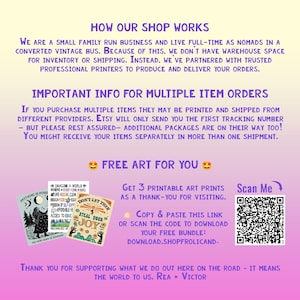 May include: A purple and white graphic with text about a small family business operating from a converted vintage bus. The image also includes information about multiple item orders, free art prints, and a QR code.