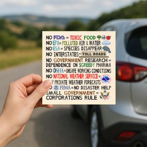 May include: A square, cream-colored sign held in front of a car. The sign has black text with various statements, including "NO FDA = TOXIC FOOD" and "NO EPA = POLLUTED AIR & WATER." Small illustrations accompany some statements.