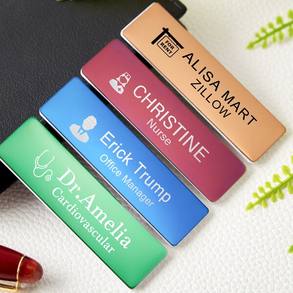 Custom Name Tags with Industry Logo-Name Tag for Work-Engraved Name Badges with Pin or Magnetic-Personalized Teacher Doctor Stylist ID Badge