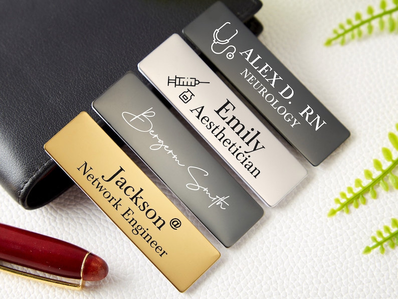 Engraved Name Badges with Industry Logo-Personalized Name Tag with Pin or Magnetic-Name Tag for Work-Custom Teacher Doctor Stylist ID Badge 画像 1