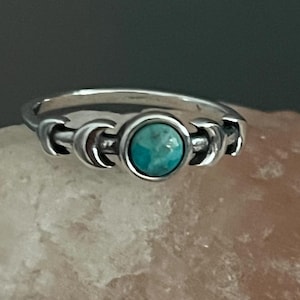 Sterling Silver Larimar Celestial Spoon Ring & Moon Phases Genuine Turquoise Ring: Boho Style