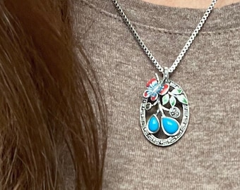 Butterfly & Flowers Simulated Turquoise Marcasite 925 Sterling Silver Pendant, Enamel Butterfly and flowers Stainless Steel Necklace, Gift