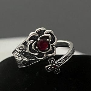 S925 Silver Rose Cross Ring With Red Zirconia - Adjustable - Etsy
