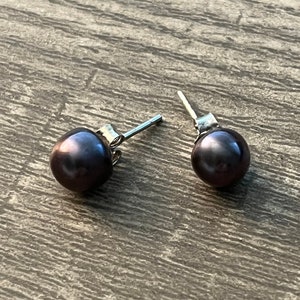 Peacock Purple Cultured Freshwater Pearl Stud Earrings, 925 Sterling Silver 7mm Earrings, For Her