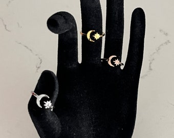 Anillo de dedo abierto Star & Moon, joyería de anillo de pie de acero inoxidable ajustable para mujer, regalo para ella