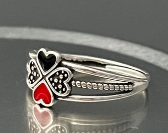 Sterling Silver Enamel Four-Leaf Clover Ring: Adjustable Good Luck Charm