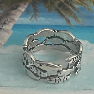 Sterling Silver Hypoallergenic Three Layer Fish Ring: Adjustable Open Band, Nautical Jewelry