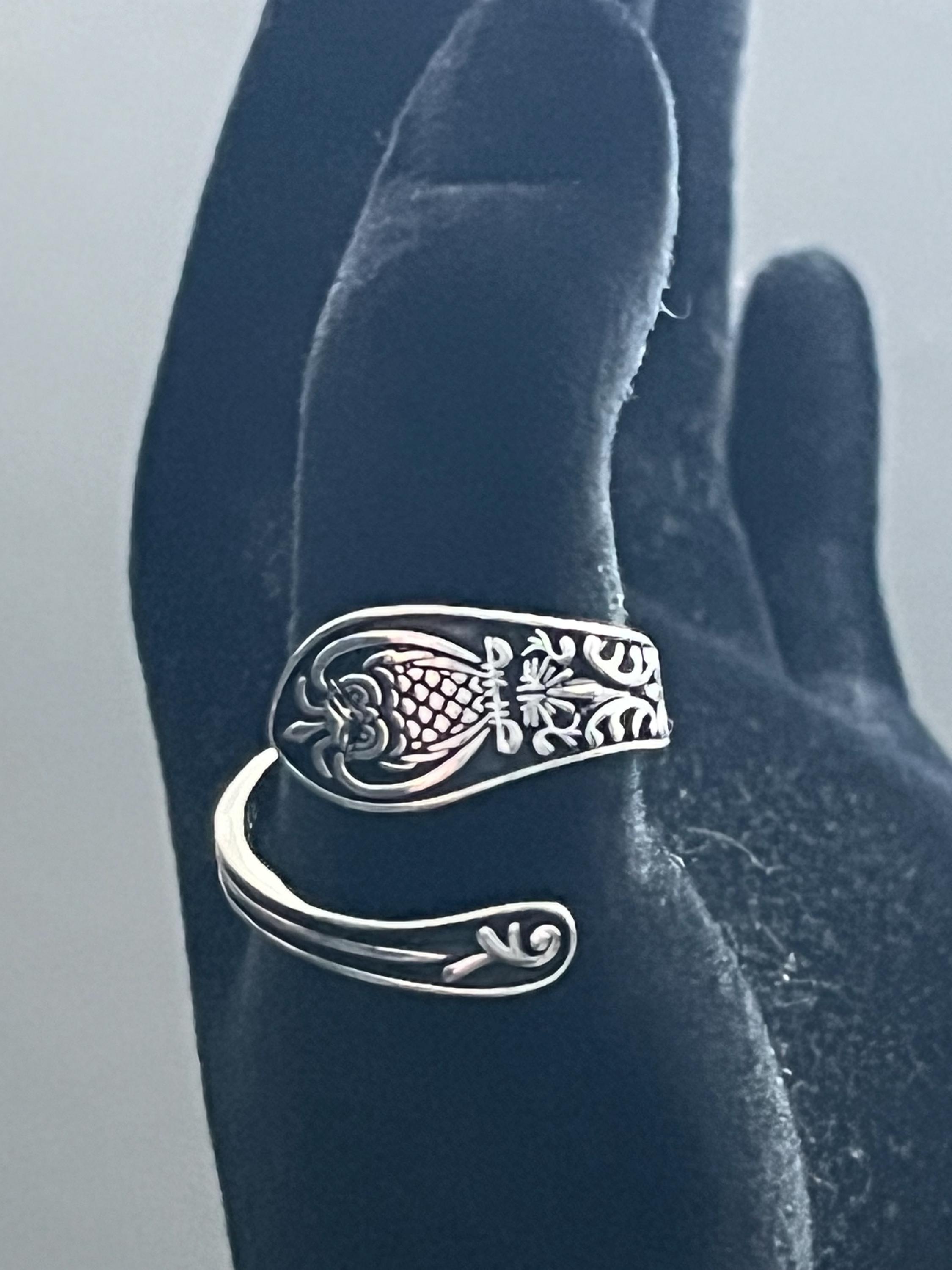 Sterling Silver Owl Ring: Bohemian Floral Spoon Design, Adjustable