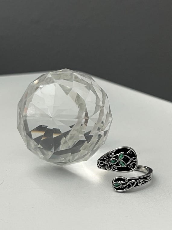 Sterling Silver Spoon Leaf Ring: Green Cubic Zirc… - image 6