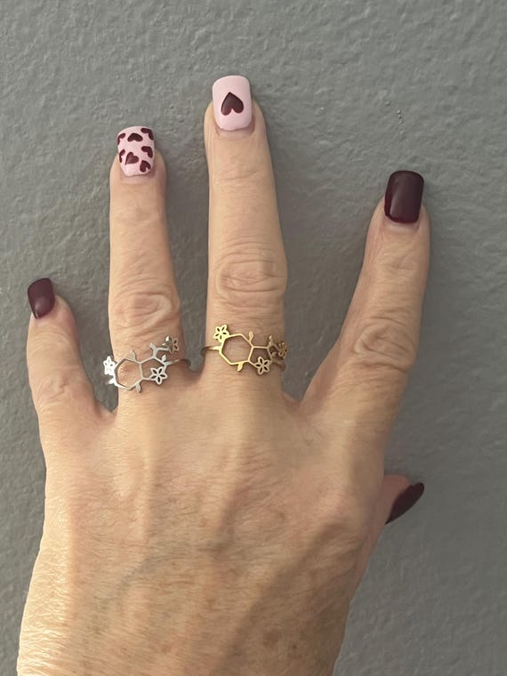 Serotonin Molecular Formula Adjustable Ring with a Design of Flowers: Stainless Steel Chemistry Jewelry
