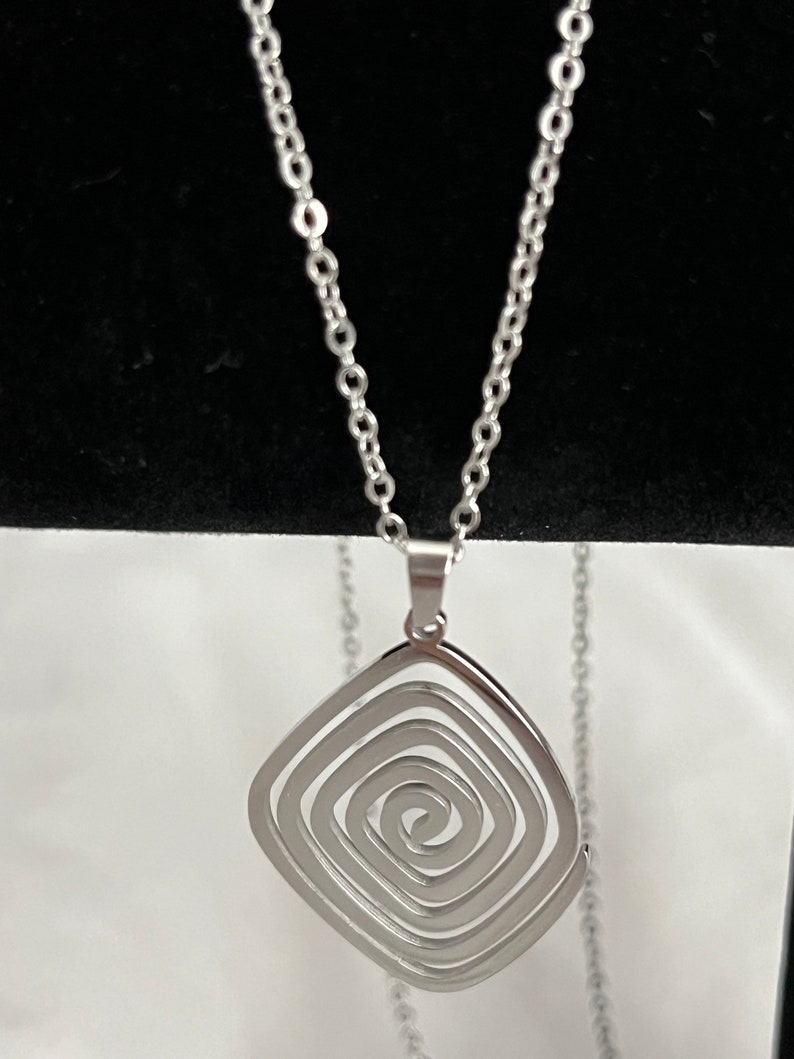 Geometric Spiral Swirl Pendant Necklace, Stainless Steel Silver Pendant