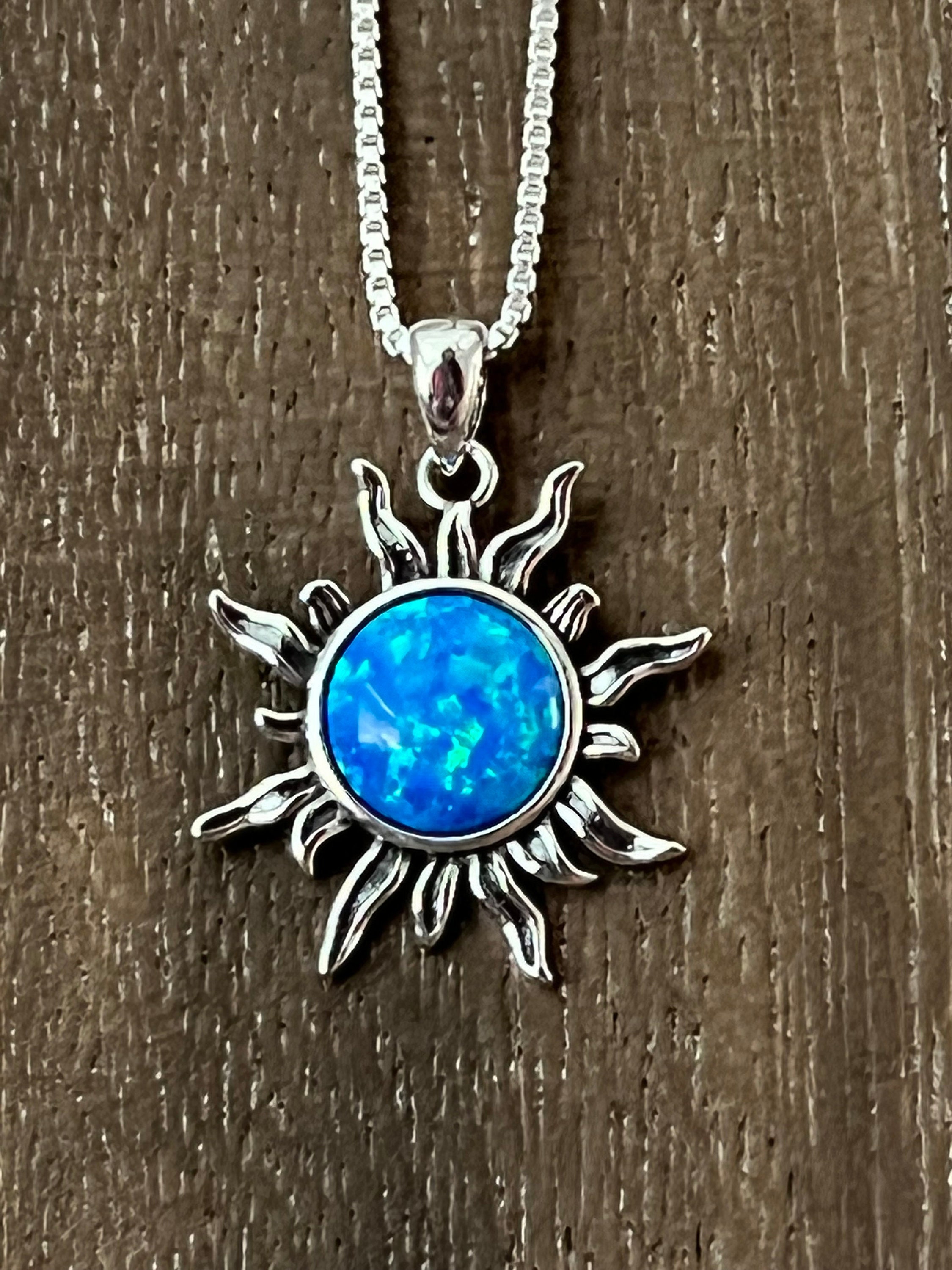 Sterling Silver Sun Pendant Necklace, Blue Lab Opal Silver Pendant ...