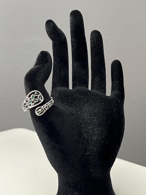 Sterling Silver Spoon Leaf Ring: Green Cubic Zirc… - image 2