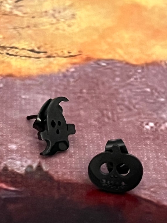 Stainless Steel Ghost & Pumpkin Stud Earrings, Si… - image 4
