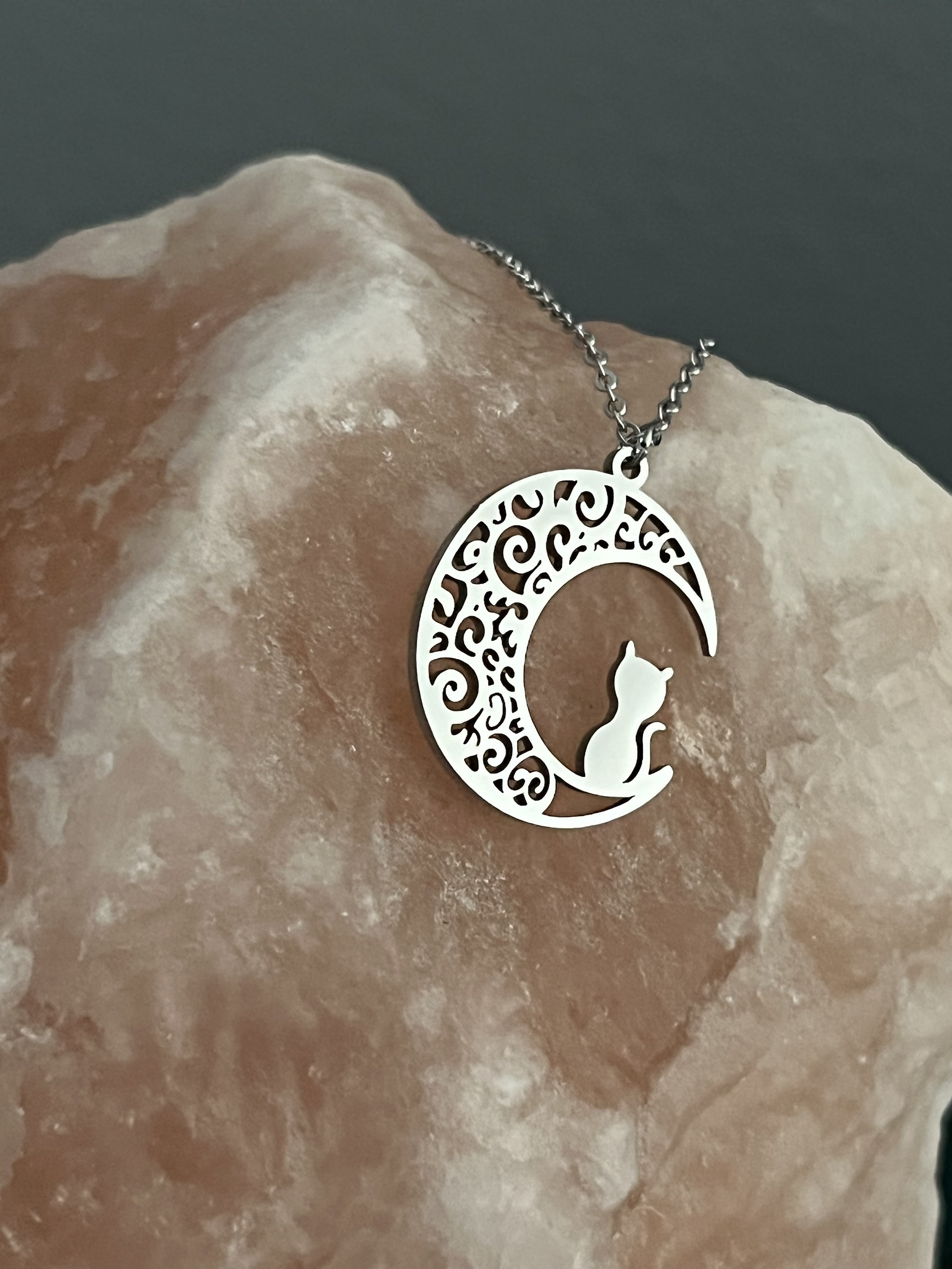 Cute Cat Hollowed Out Moon Necklace, Stainless Steel Cat Pendant