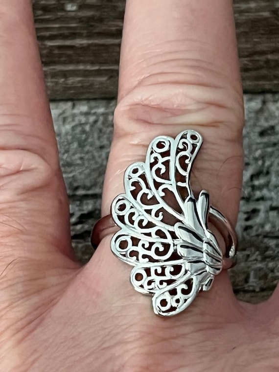 Crane Wing Feathers Ring, 925 Sterling Silver Rhod