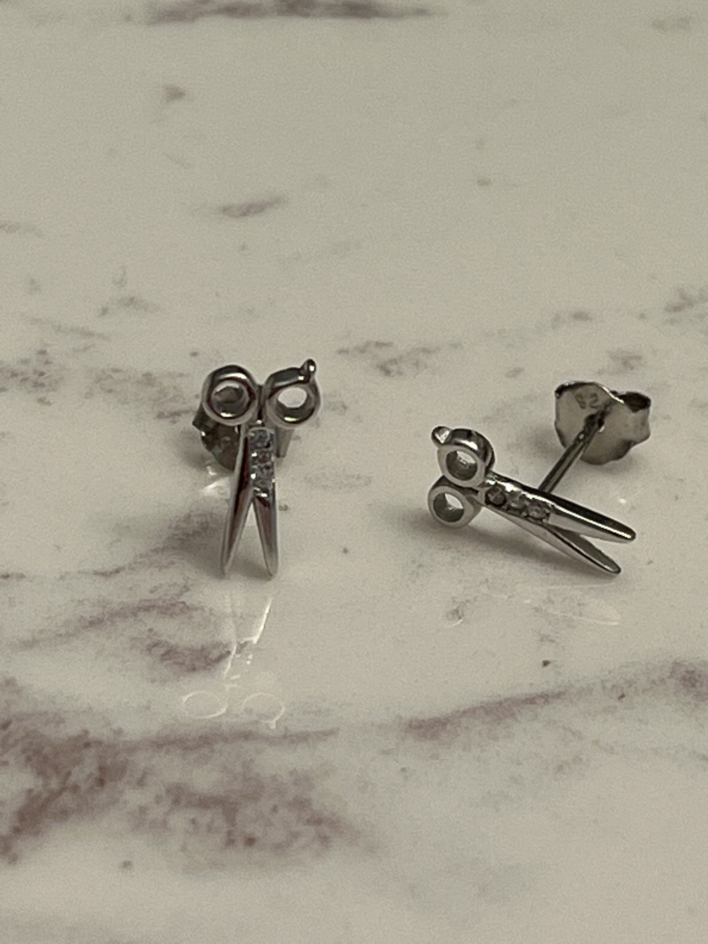 Scissors Silver CZ Earrings, 925 Sterling Silver Studs, Hairstylist