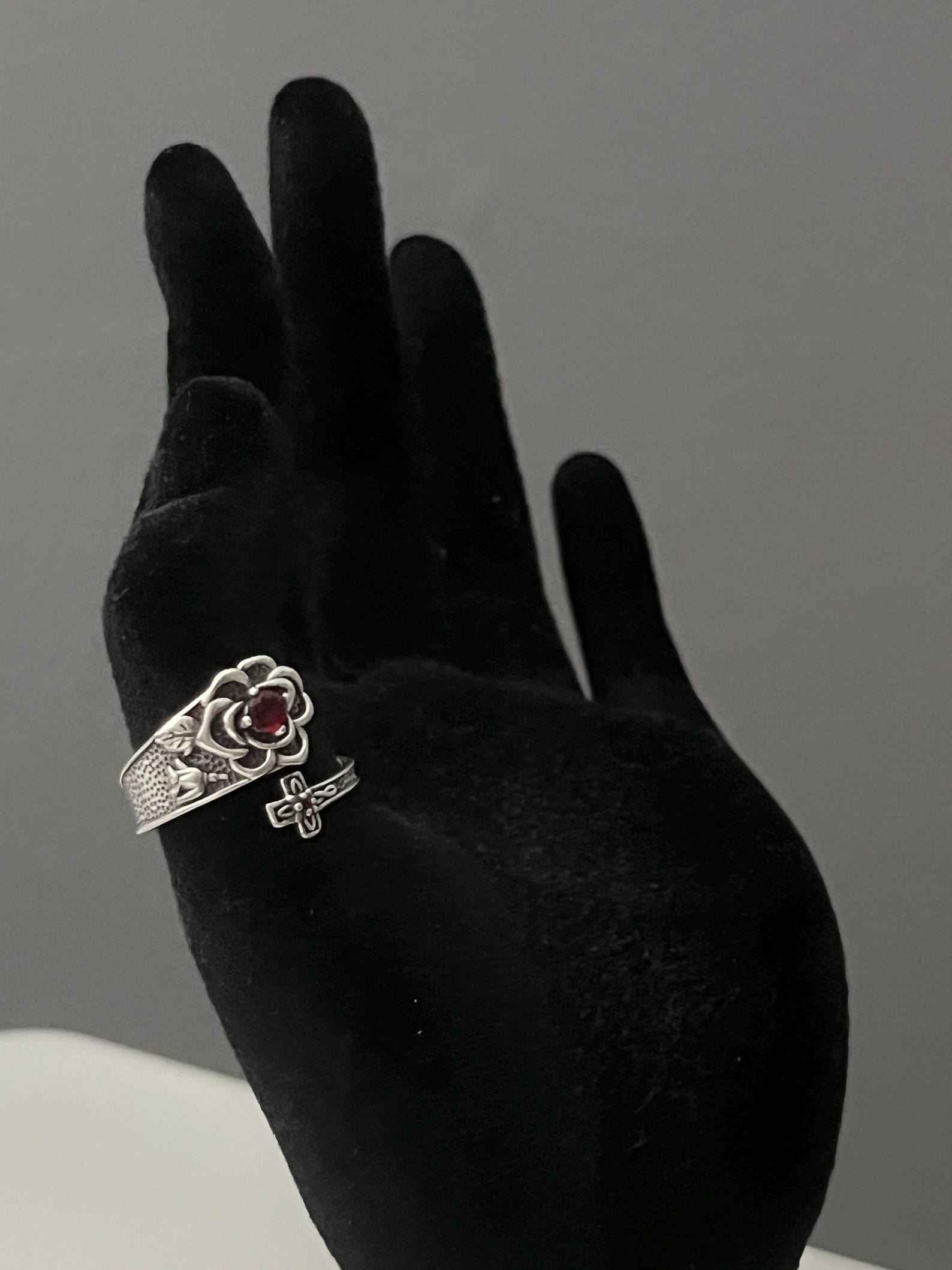 S925 Silver Rose Cross Ring With Red Zirconia - Adjustable - Etsy