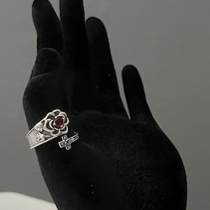S925 Silver Rose Cross Ring With Red Zirconia - Adjustable - Etsy