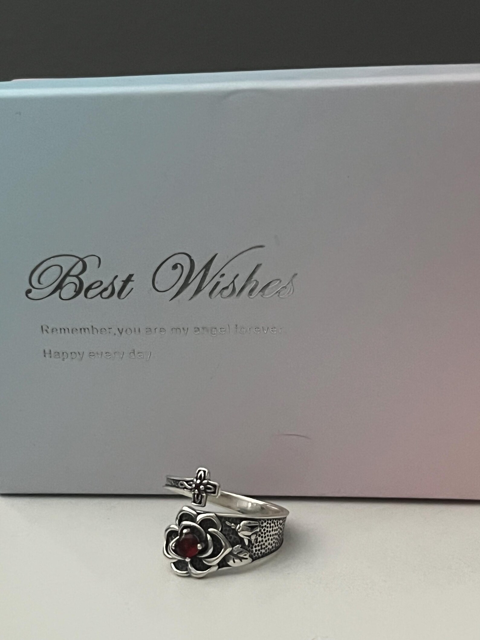 S925 Silver Rose Cross Ring With Red Zirconia - Adjustable - Etsy