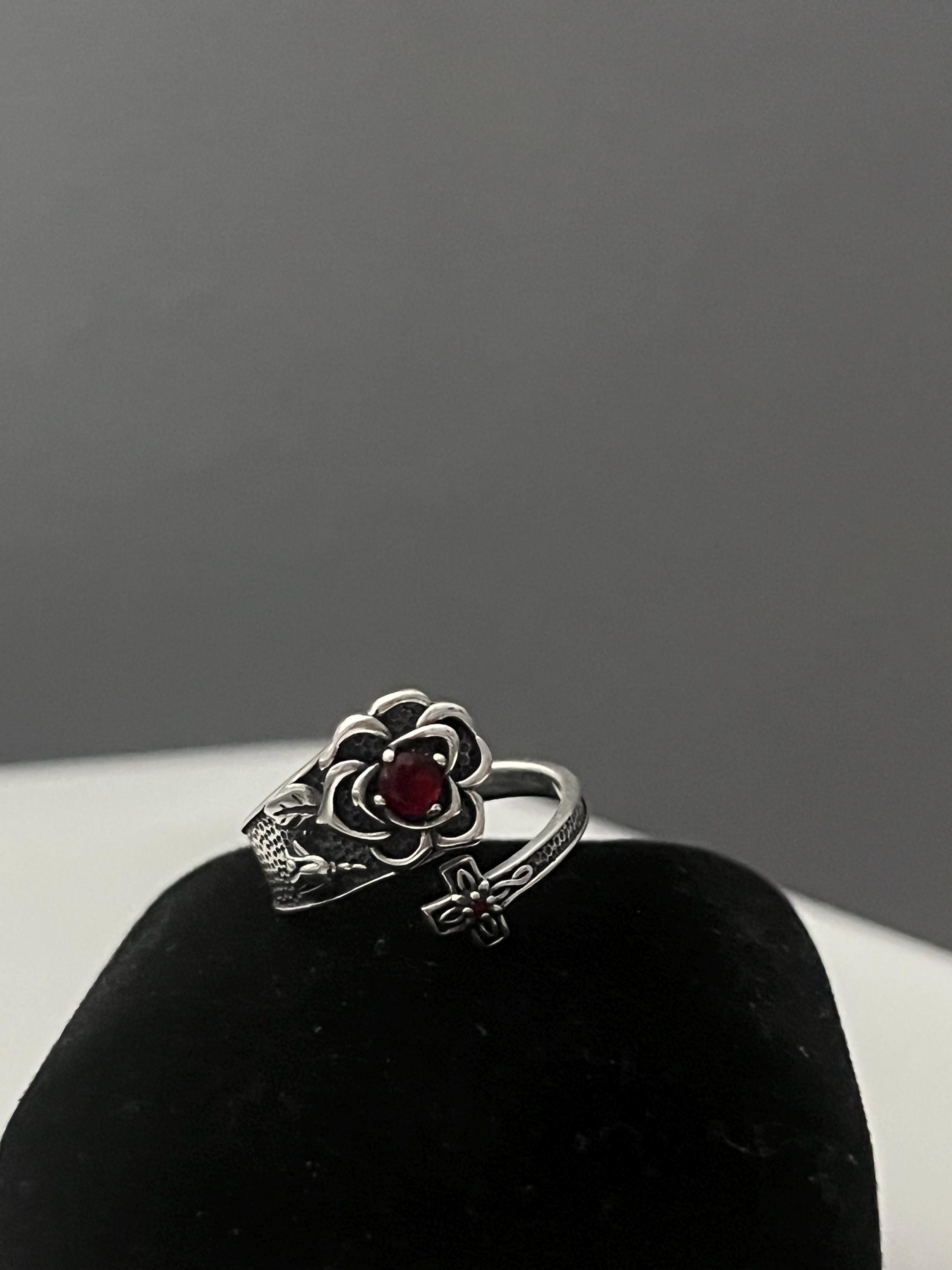 S925 Silver Rose Cross Ring With Red Zirconia - Adjustable - Etsy