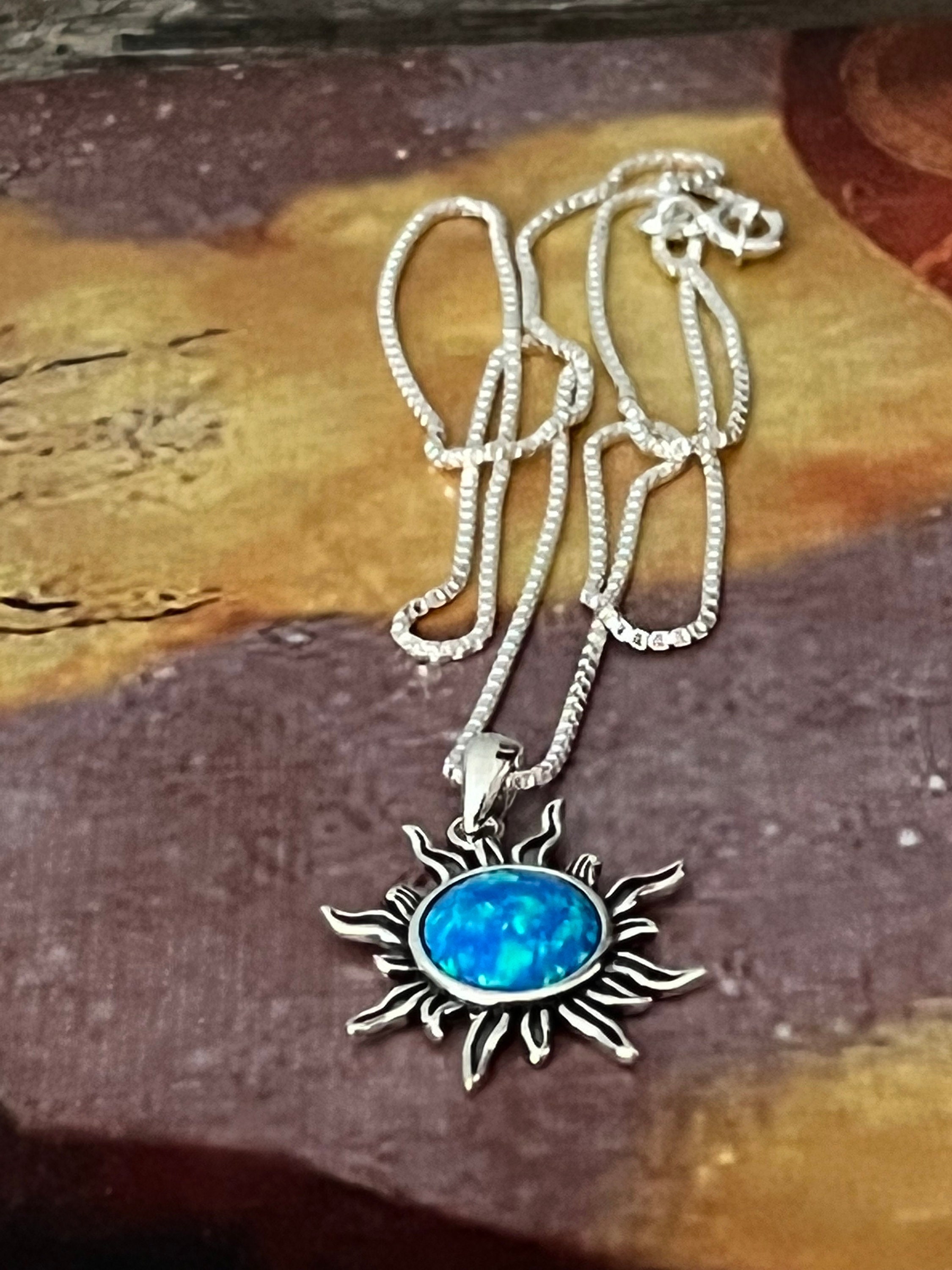 Sterling Silver Sun Pendant Necklace, Blue Lab Opal Silver Pendant ...