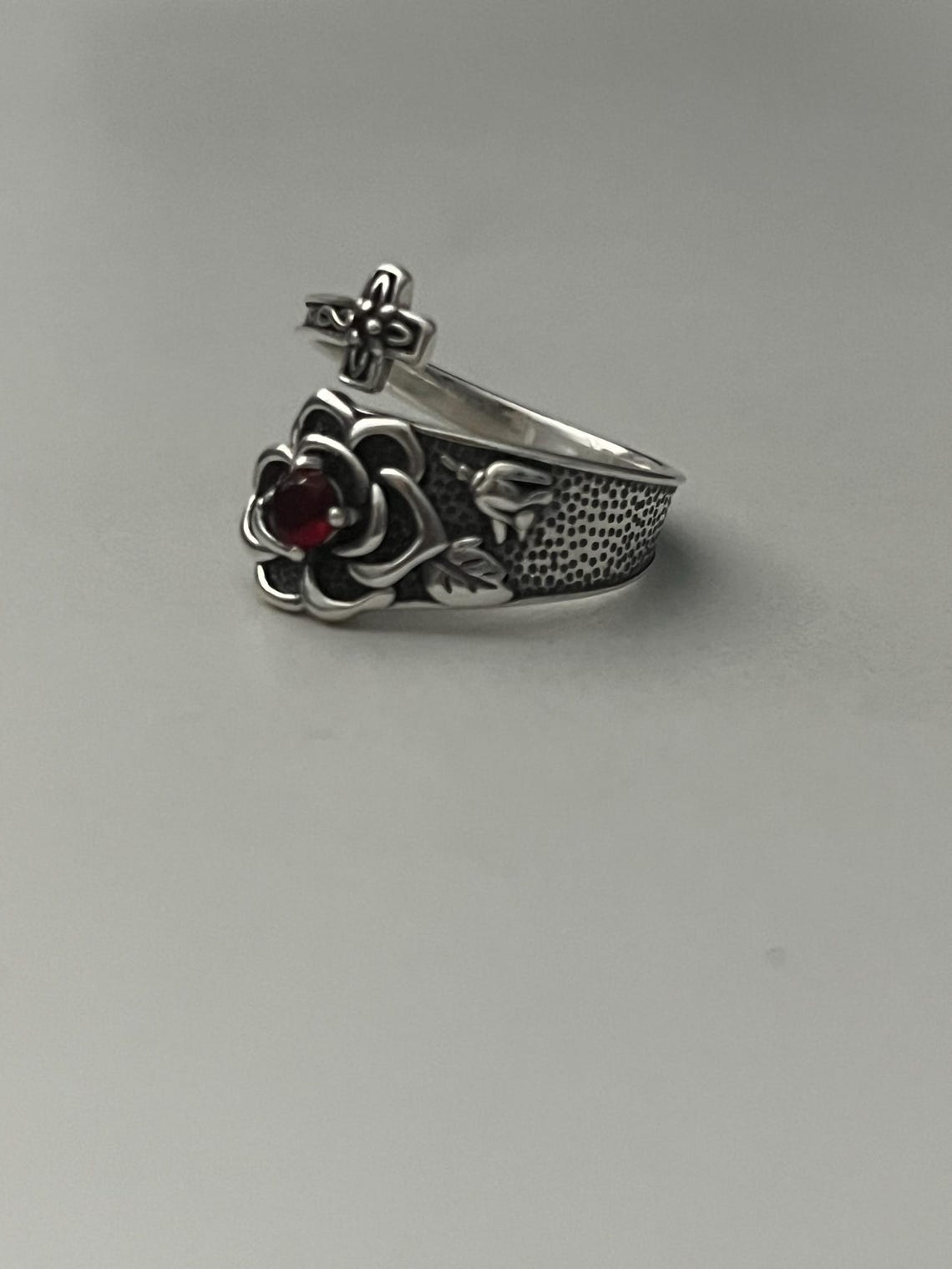 S925 Silver Rose Cross Ring With Red Zirconia - Adjustable - Etsy