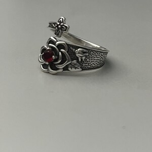 S925 Silver Rose Cross Ring With Red Zirconia - Adjustable - Etsy