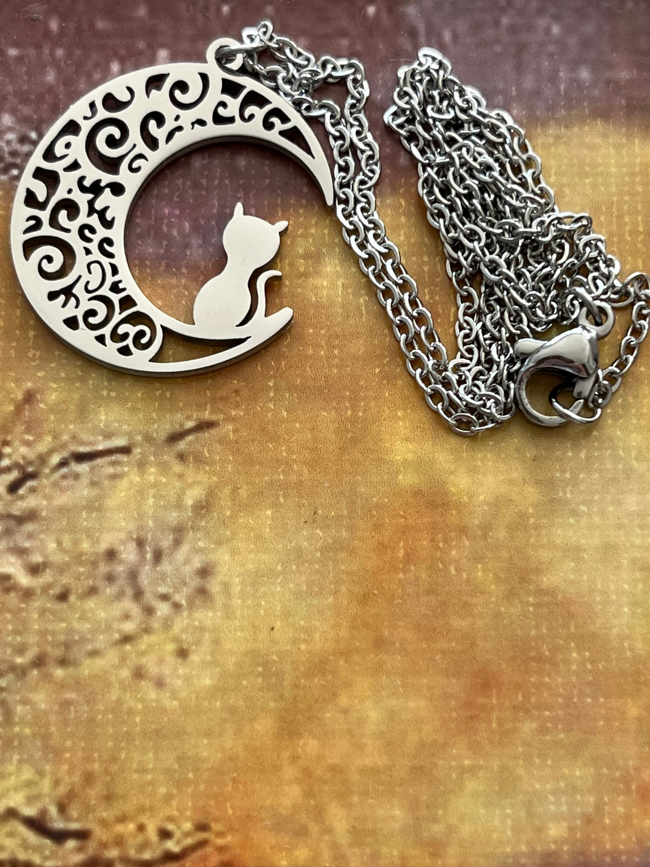 Cute Cat Hollowed Out Moon Necklace, Stainless Steel Cat Pendant